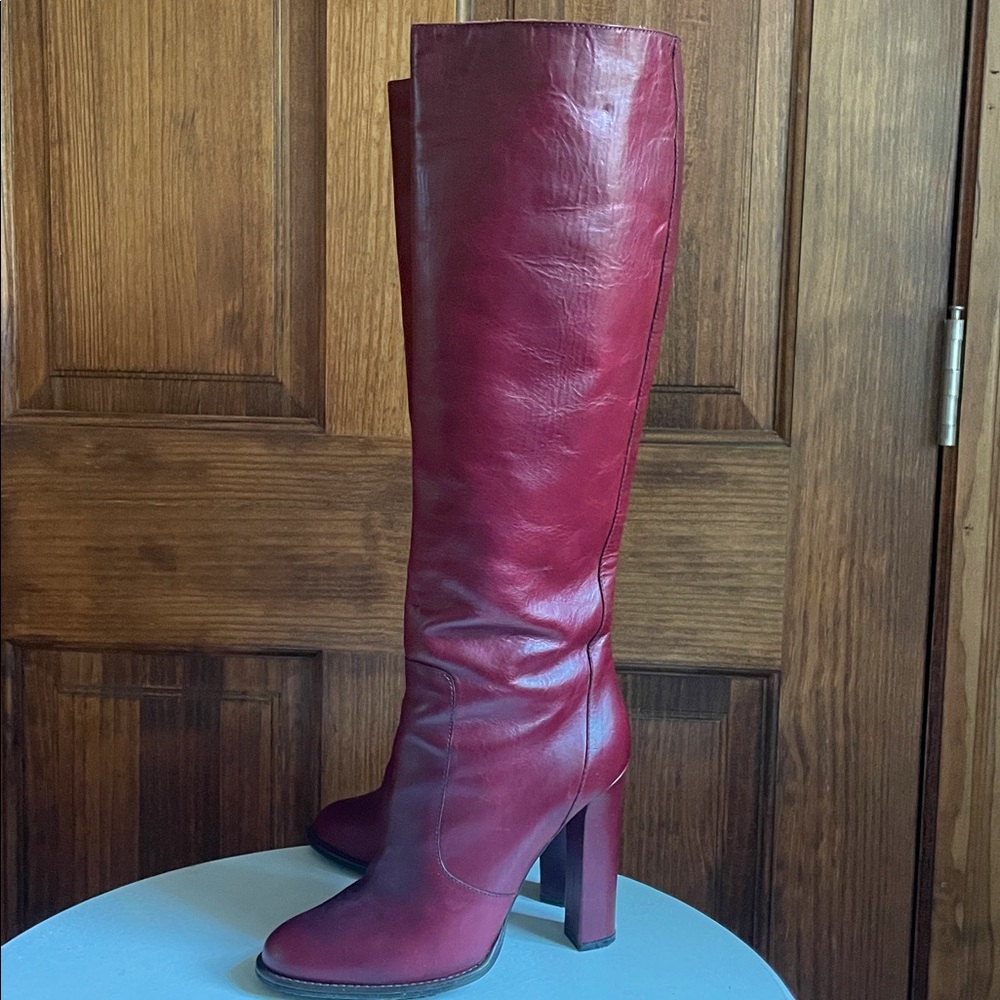 LANVIN Paris Burgundy Wine Leather Knee High Heel Boots 40 10 Worn Once RARE! - Picture 11 of 15